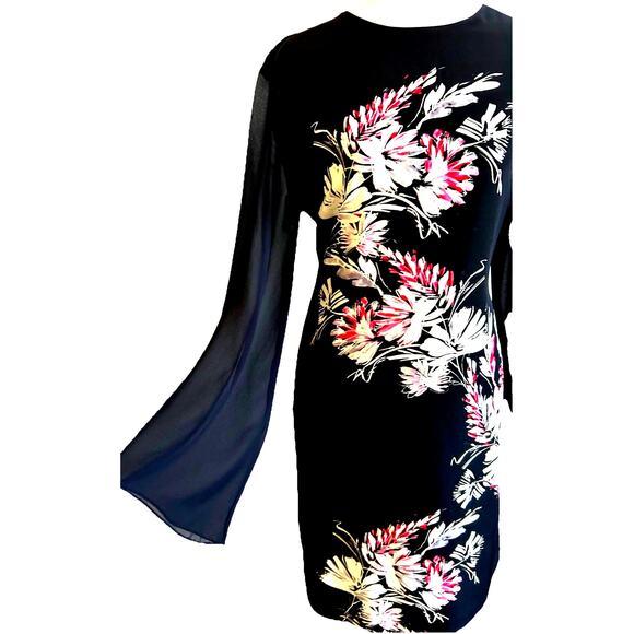 black floral Dress midi Tropical sheer long sleeve MSRP $128 Wedding Guest 8 - Picture 2 of 14